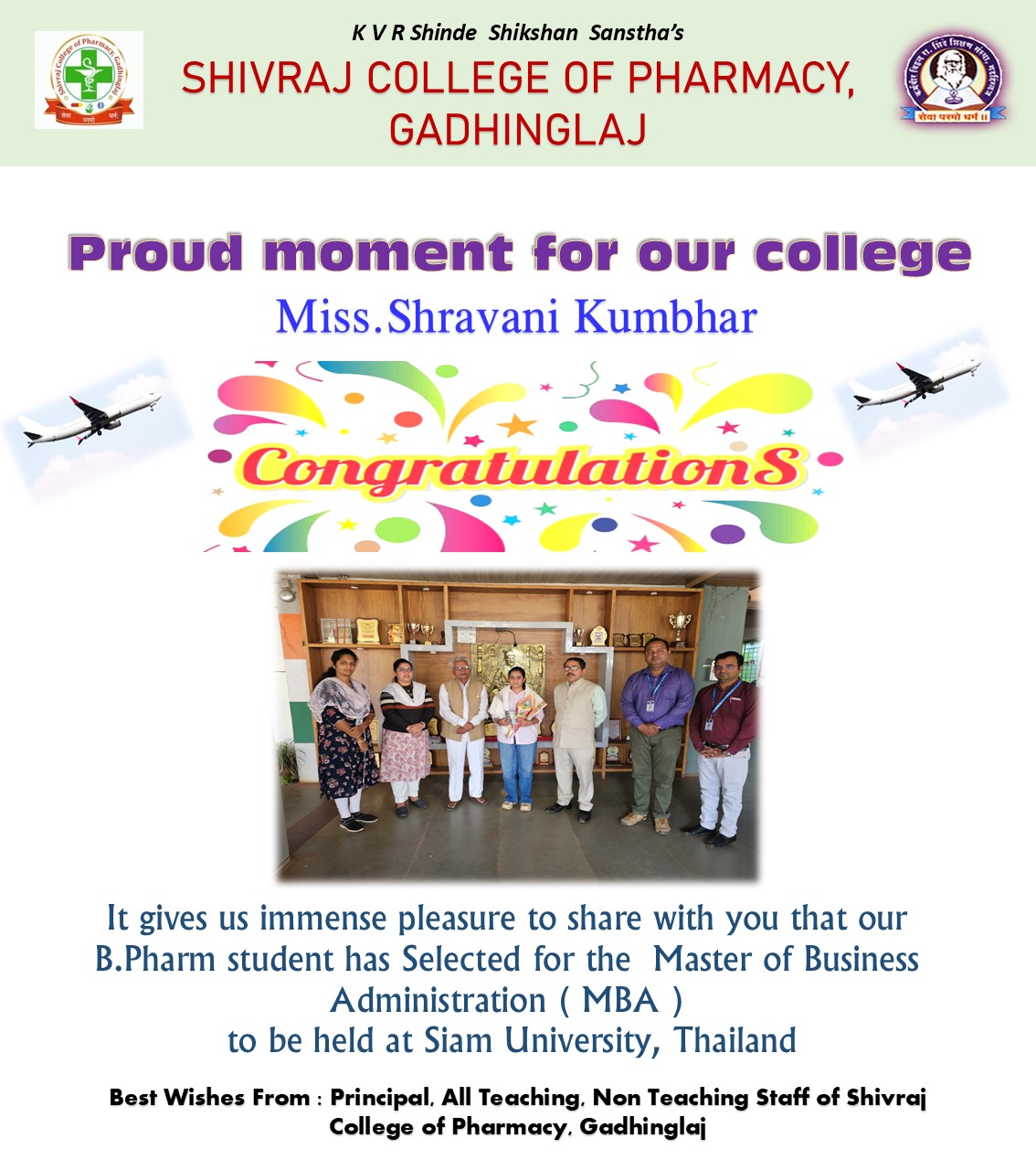 Congratulations to Our Final Year Passout student Ms.Shravani Kumbhar Selected for Higher Eduction in Thailand